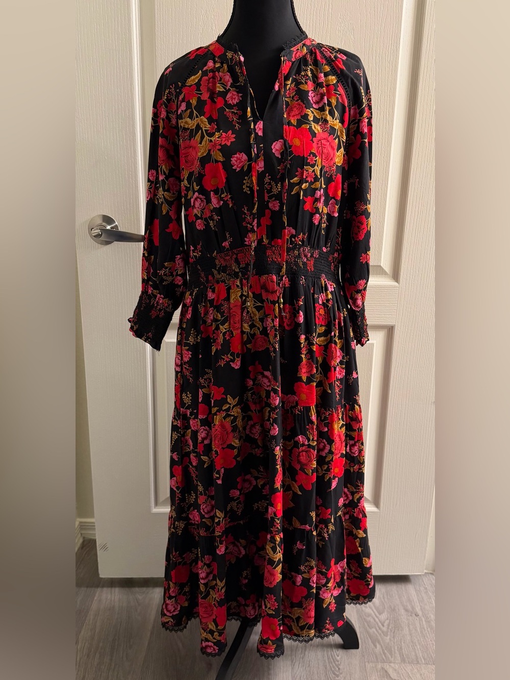 The Pioneer Woman Black Maxi Dress with Red & Pink Floral Print